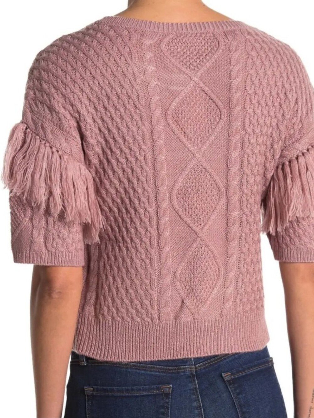 BB Dakota madden Fringe Out Dusty Rose Cable Knit Short Sleeve Sleeve Sweater L - Picture 3 of 10